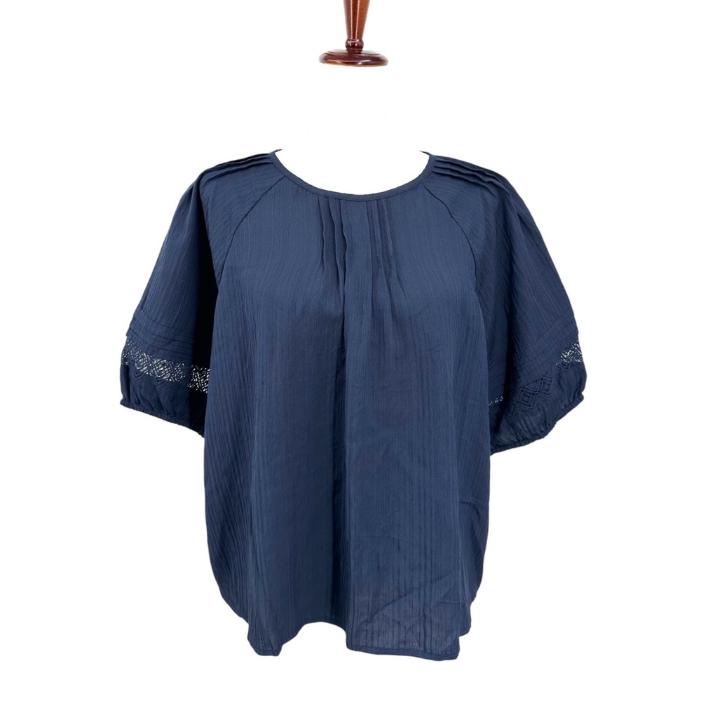 NEW Ann Taylor LOFT Navy Blue Pleated Short Puff Sleeve Top Women's Large Petite